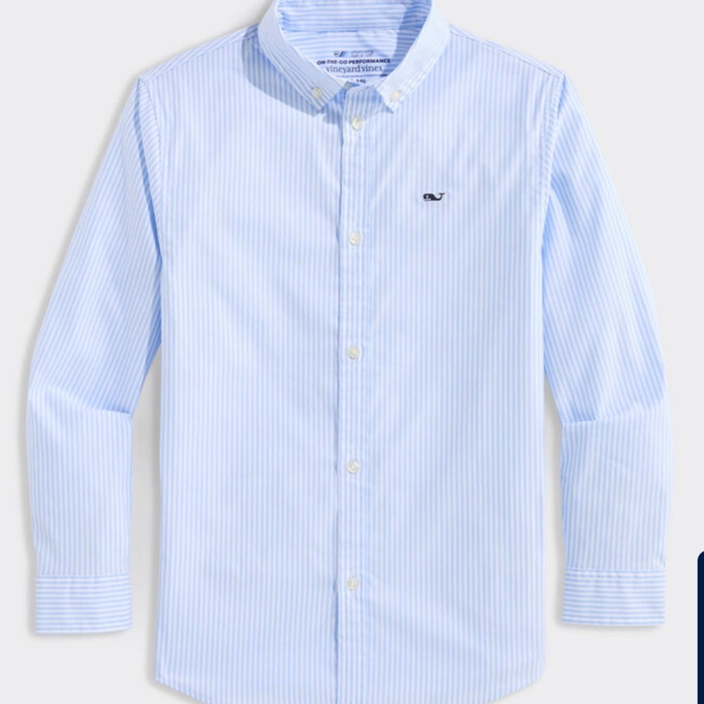 Vineyard Vines Boys Performance Light Blue Striped Button Down Shirt, Small 8/10